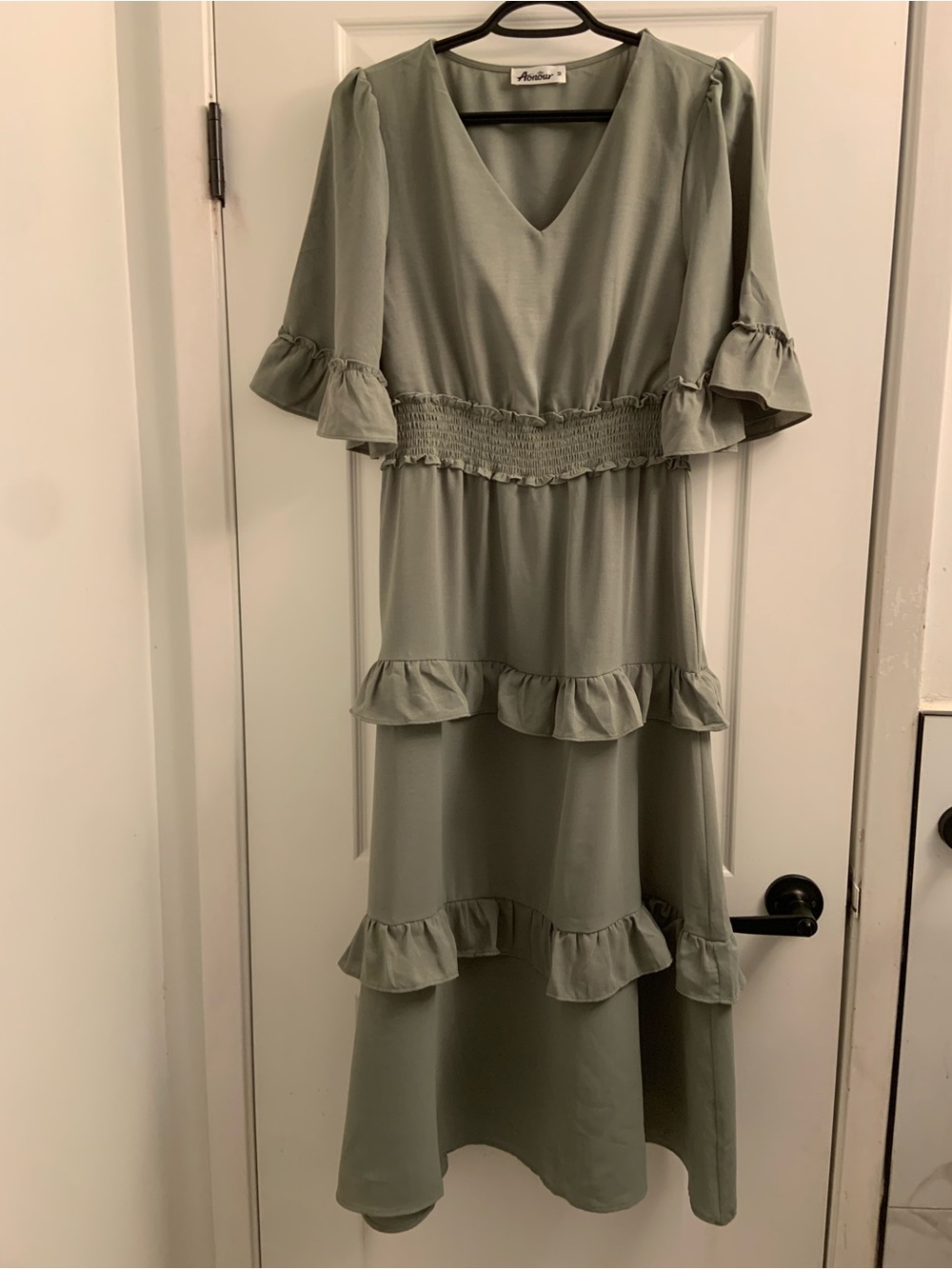 Ariella Sage Green Smocked Waist Ruffle Maxi Dress